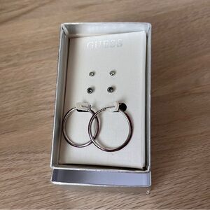 Guess Silver Hoop w/Pink Glitter and Stud Earrings Set